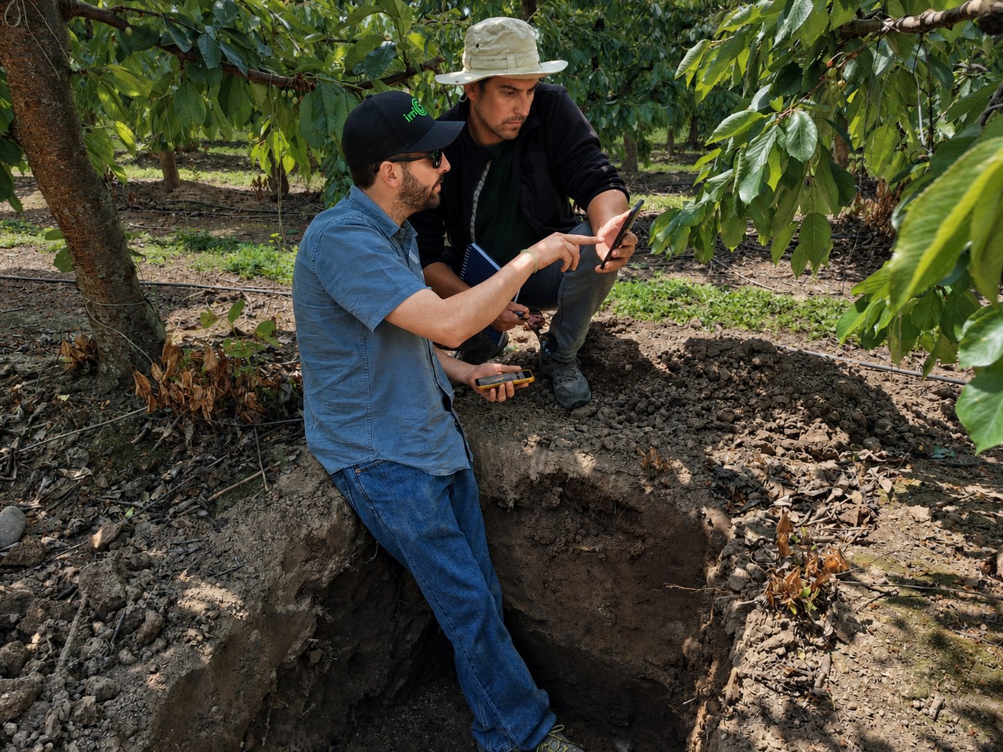 Profesionales revisando información técnica junto a una calicata en un huerto.
